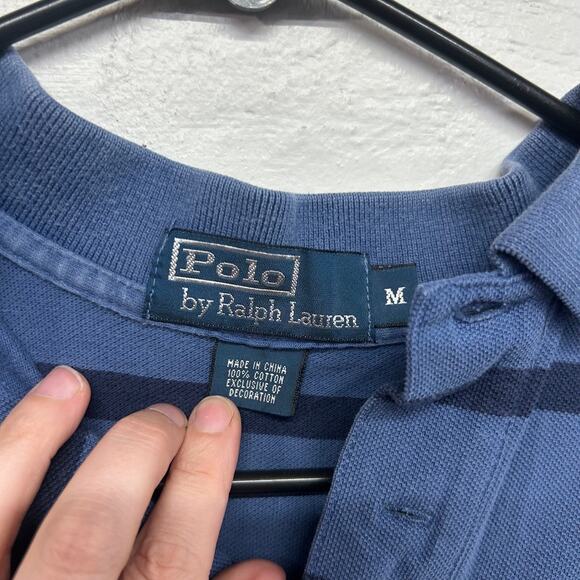 Ralph Lauren Polo Shirt M Navy Blue Stripe Cotton Classic Preppy Logo Casual Men - Picture 3 of 6